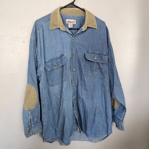 Ducks Unlimited Vintage Mens XL Long Sleeve Blue Denim Shirt Tan Patches Outdoor